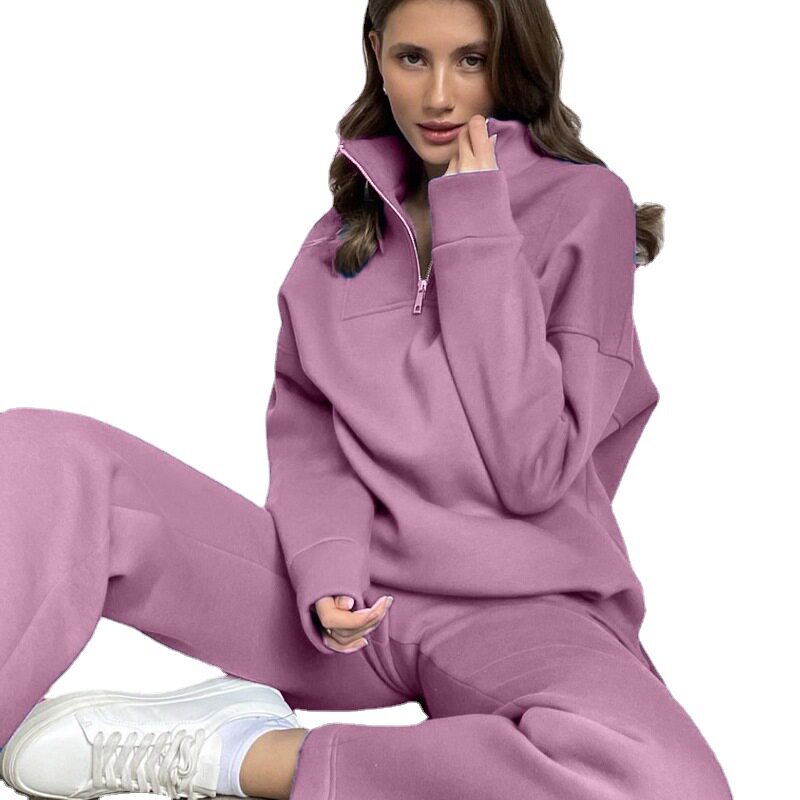 Womens Casual Solid Color Cotton Hoodie Set Zipper Fleece Lined Loose Fit Ideal for Sports and Everyday Wear