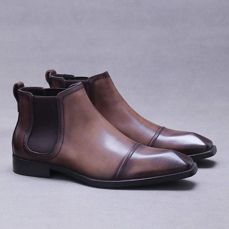 Giày boot nam da bò thật cổ thấp kiểu Chelsea đế cao su — Màu đen, Màu cà phê