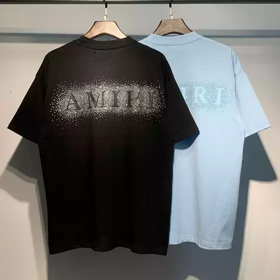 Cross-border Foreign Trade high quality 260g AMI High Street Tide Brand Jin Dian Letter Hot Diamond Flash Men's and Women's Couples Short Sleeve T