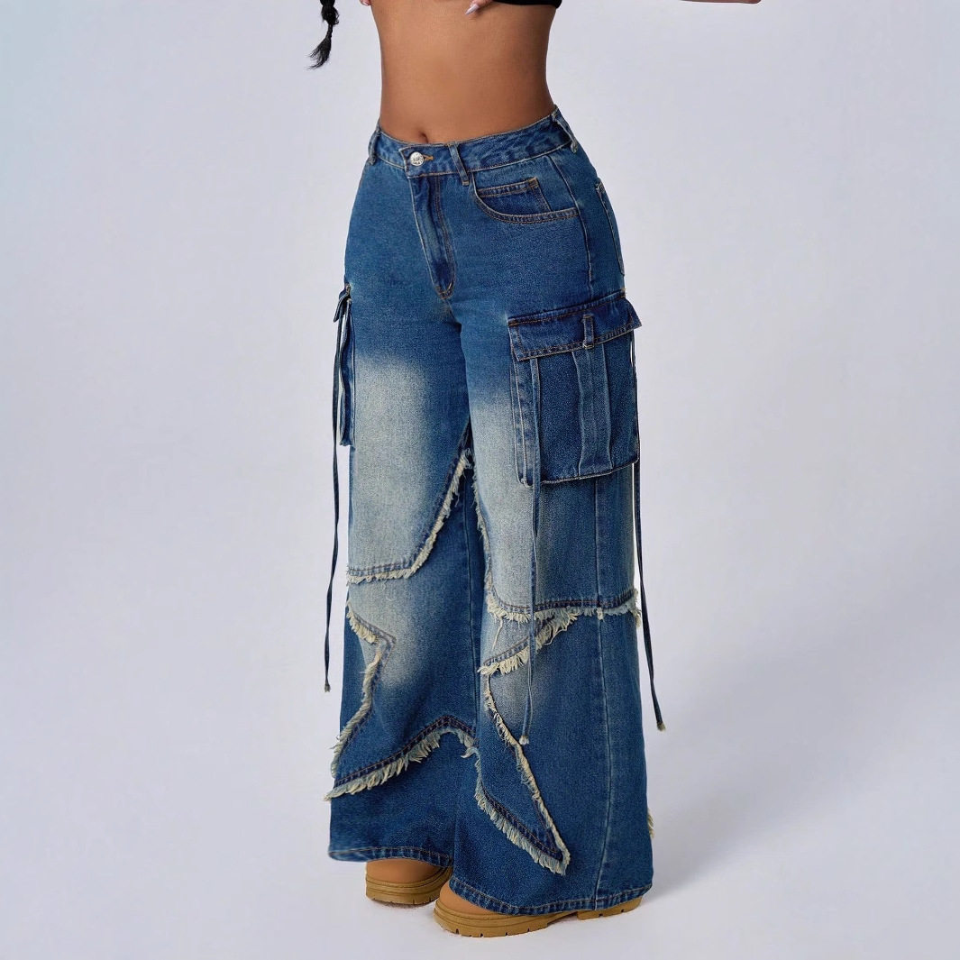 Vintage Star Print Denim Cargo Pants for Women Retro Style Casual Fit Versatile Wear Wholesale Available