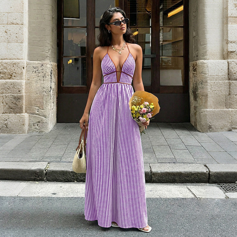 V Neck Striped Backless Dress Fresh Vacation Style Lightweight Fabric Summer Wear Wholesale Available