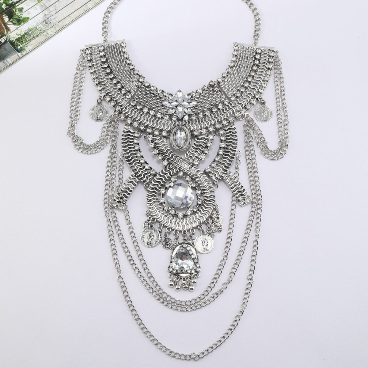 Fashion Retro Carved 8-character Large Exaggerated Tassel Multi-layer Diamond Necklace Women Casual Party Short Collar