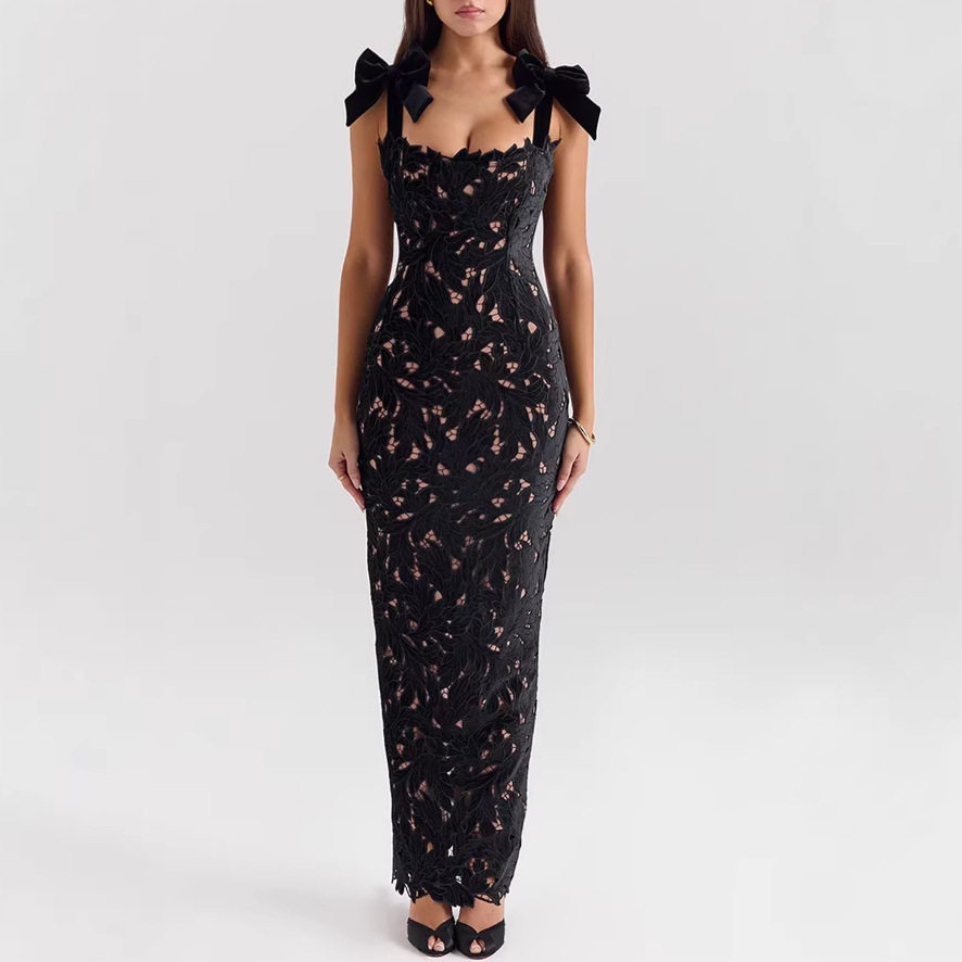 Elegant Hollow Out Bow Tie Bodycon Dress Solid Color Stylish Design Perfect for Parties Wholesale Available