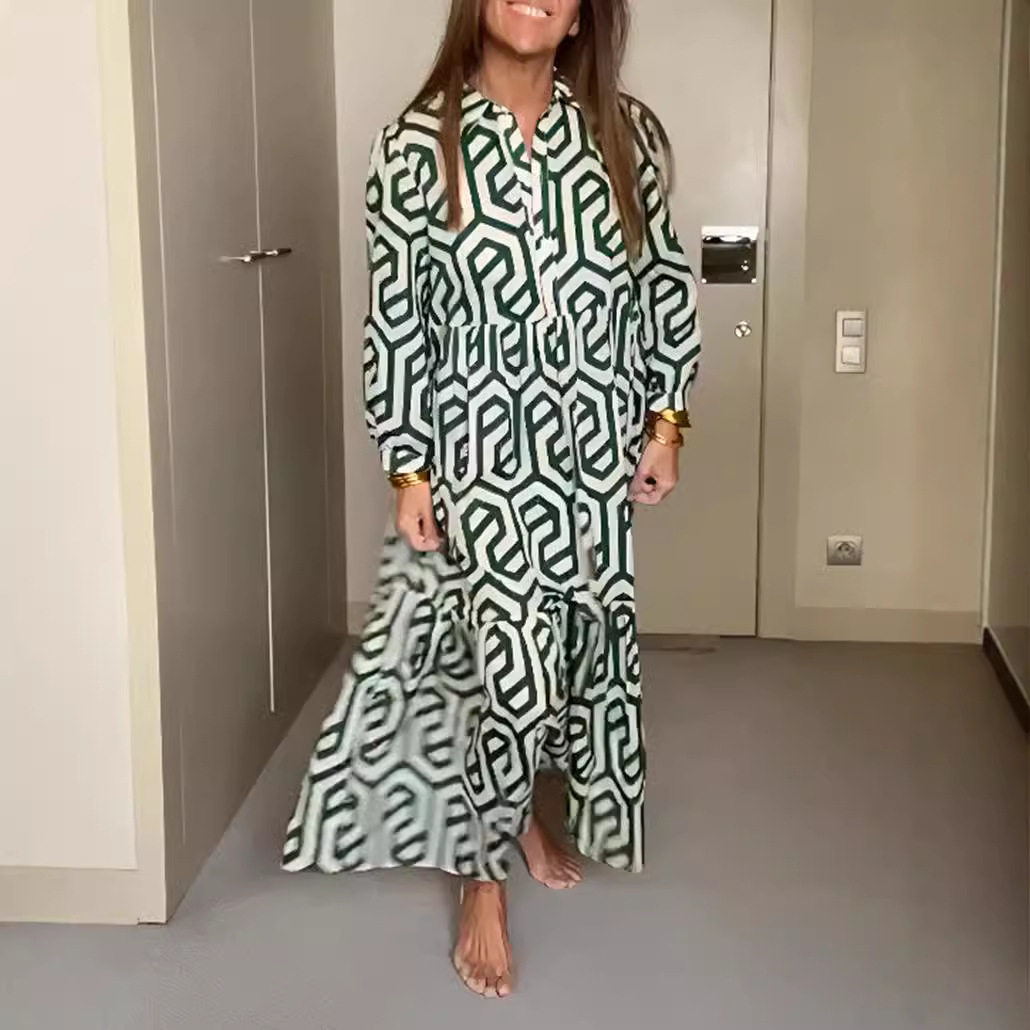 Fashionable Long Sleeve Floral Shirt Dress Elegant Design European Style Versatile for Casual or Formal Occasions