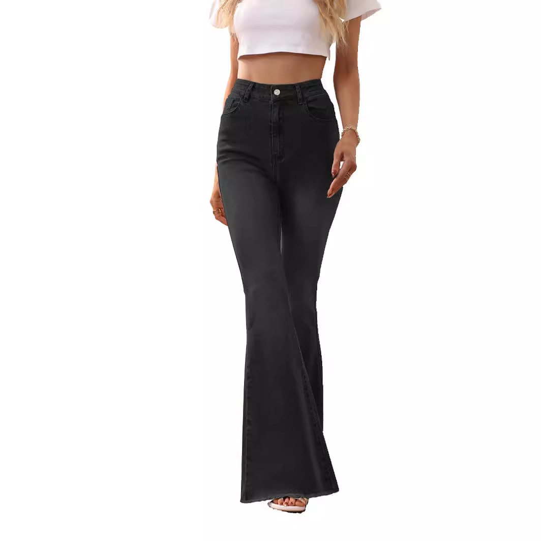 Black Frayed Hem Flare Jeans for Women High Waist Stylish Fit Versatile for Casual Wear Wholesale Available