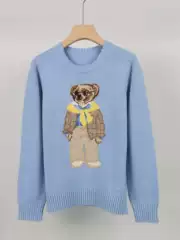 Loose Fit Polo Bear Knit Sweater with Heavy Embroidery and Woven Patterns, Pure Cotton Pullover Polo Shirt for Women