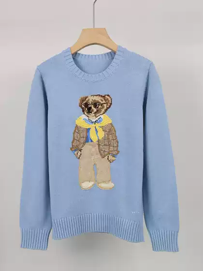 Loose Fit Polo Bear Knit Sweater with Heavy Embroidery and Woven Patterns, Pure Cotton Pullover Polo Shirt for Women