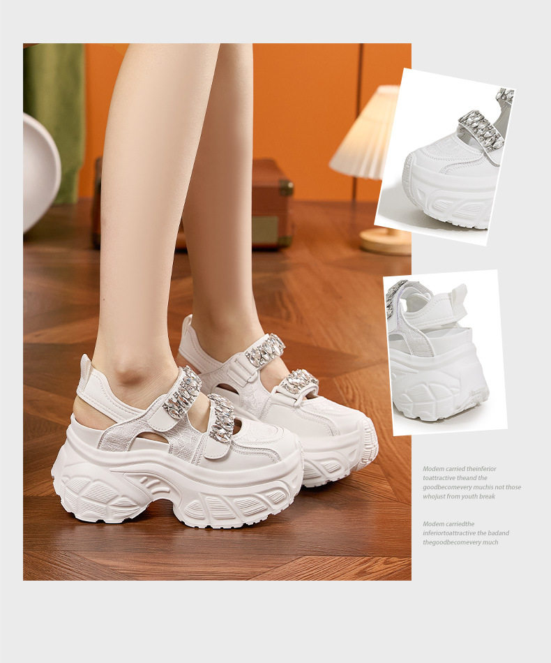 Giày Mary Jane nữ quai ngang Velcro đế xuồng cao gót 8 cm, mũi tròn hở mũi, phối đá rhinestone — Bạc, Trắng chi tiết 3