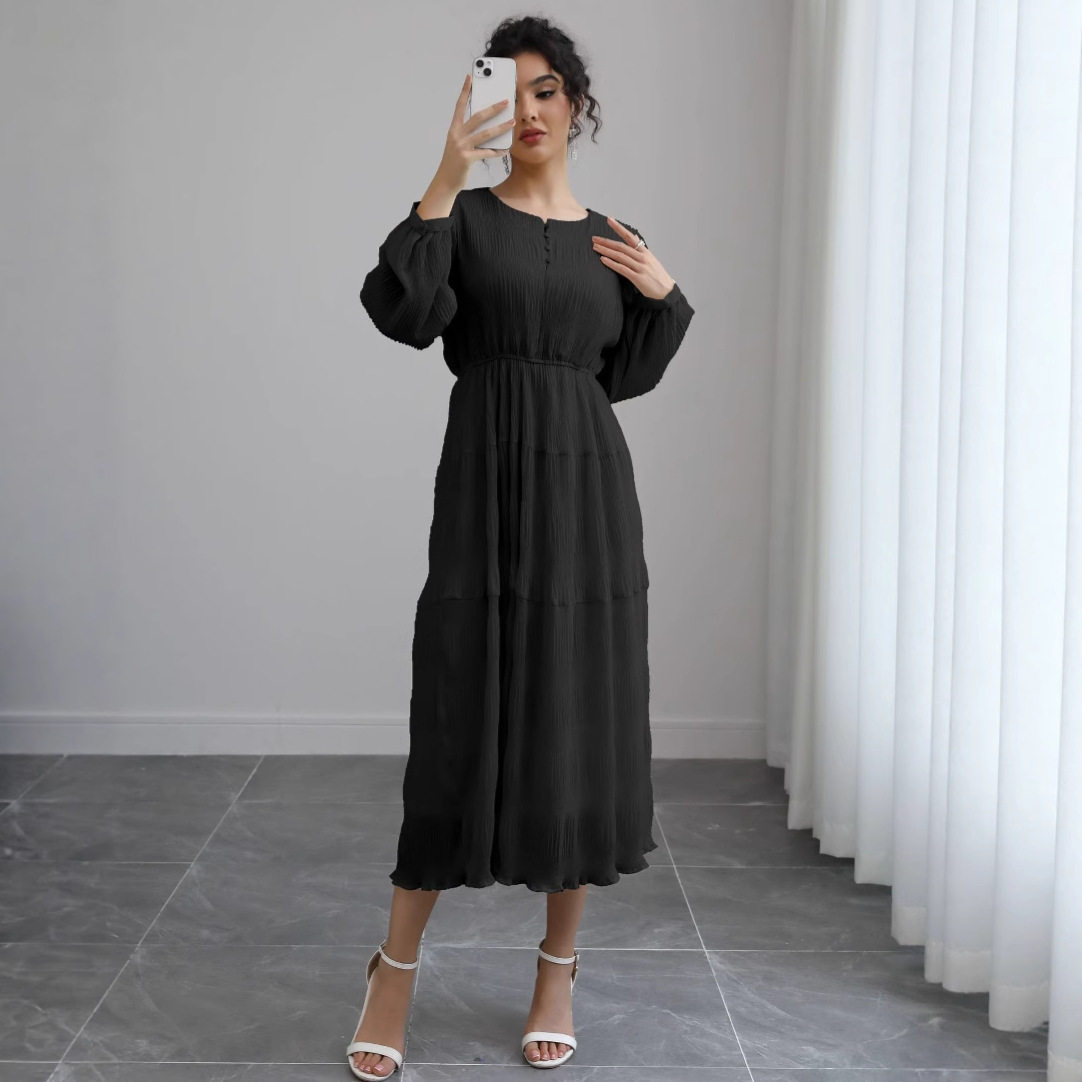 French Puff Sleeve Long Sleeve Dress Elegant Style Soft Fabric Autumn Colors Perfect for Tea Parties or Casual