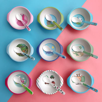 Cute Cartoon Bamboo Fiber Children's Bowl and Spoon Set Household Baby Supplementary Food Rice Bowl for Infants and Children Dinner Soup Bowl