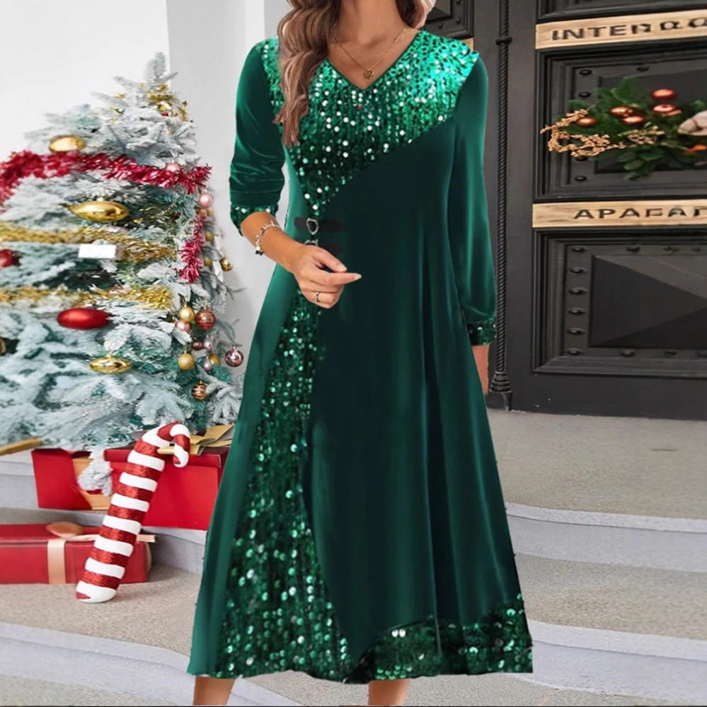 V Neck Long Sleeve Dress Solid Color Sequin Detail Elegant Style Perfect for Autumn and Winter Wholesale Available