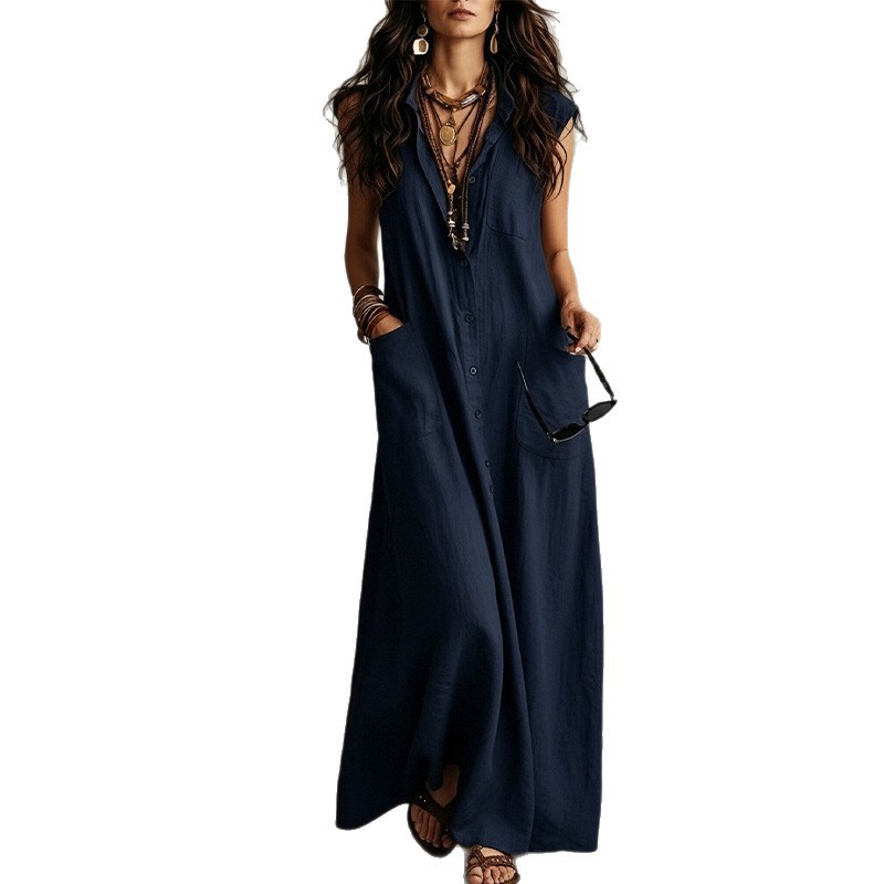 Loose Fit Button Up Long Dress Solid Color French Style Casual Vacation Wear Available for Wholesale