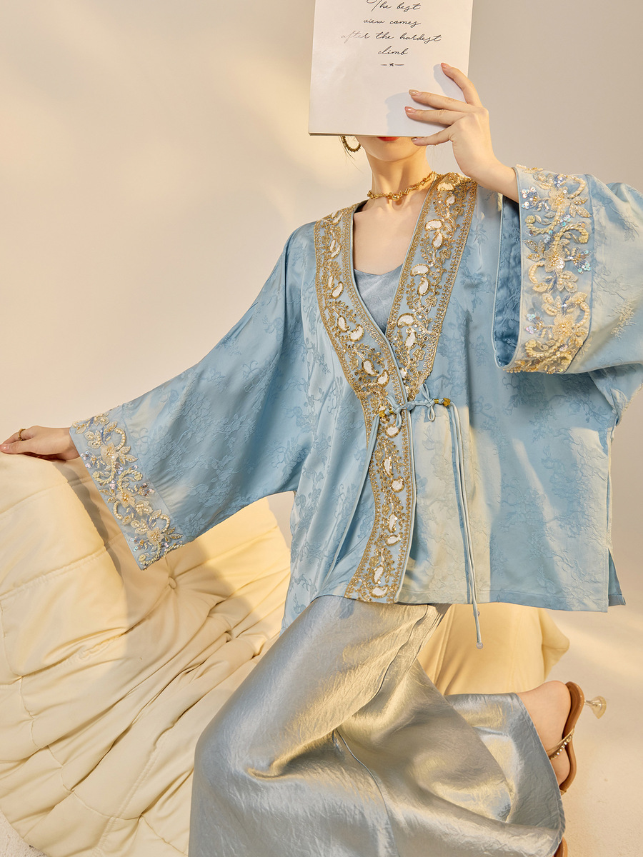Áo khoác nữ thêu đính cườm dáng rộng cổ chữ V phong cách cổ điển — Jiyue Blue (Giao hàng trong ngày), Xanh Jiyue (giao hàng trong 7 ngày)