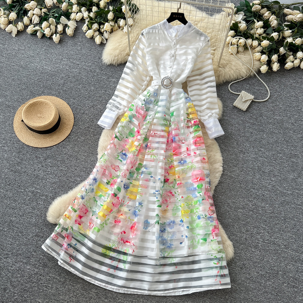 French Style Printed Long Sleeve A Line Dress for Women Waist Defining Elegant Summer Fashion Wholesale Available