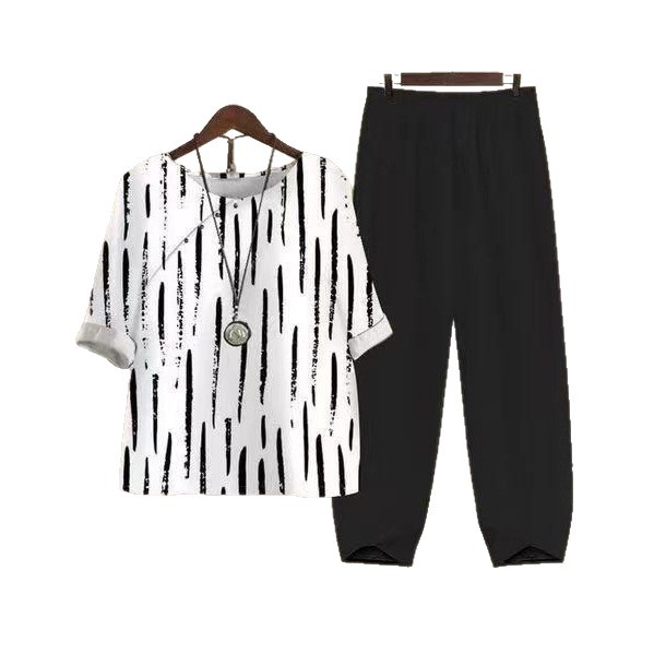 Womens Summer Two Piece Set Printed Round Neck Loose Fit Short Sleeve Top Wide Leg Pants Casual Wear Wholesale