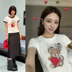 2025 New Summer Niche Designer Letter Bear Print Round Neck Pure Cotton Slim Short-Sleeved T-Shirt for Women