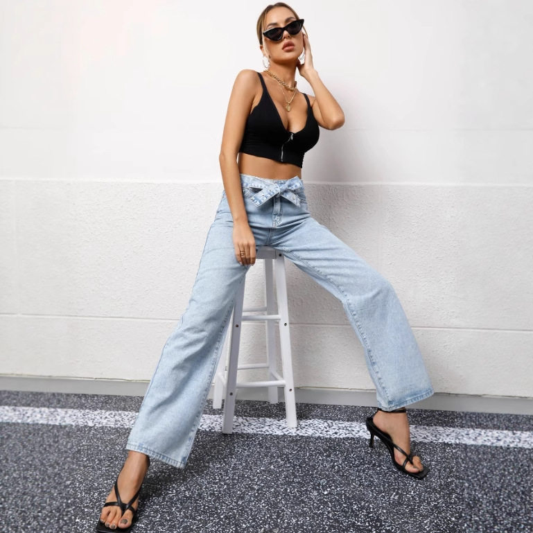 High Waisted Wide Leg Jeans Summer Style Tie Design Washed Fabric Casual Wear for Women Ready to Ship