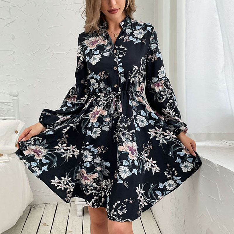 Vintage Black Long Sleeve Printed Dress for Women Autumn Winter Fashion Wholesale Available low MOQ