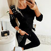 2025 European and American Autum Aliexpress Hot Selling Off-Shoulder Sexy Beaded Pure Color Sports Round Neck Long-Sleeved Casual Suit