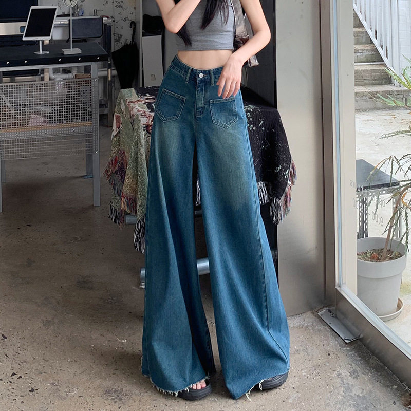 High Waisted Wide Leg Denim Skirt Vintage Style Flattering Fit Frayed Hem Spring Fashion for Women Wholesale