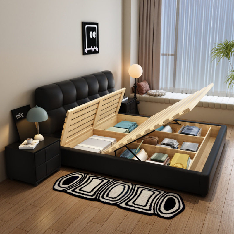 Cream Style Bed Puff Leather Bed Double Master Bedroom Bed Home Wedding Bed Italian High-End Soft Bed Air Pressure Storage Bed