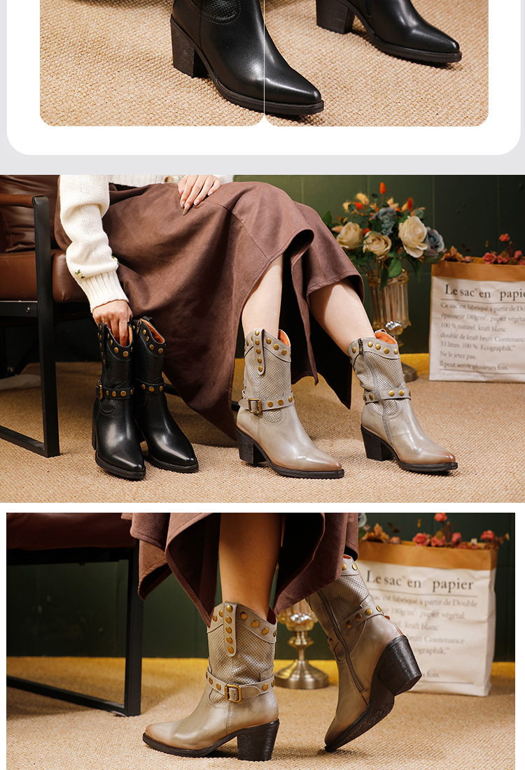 Boot nữ da bò thật cổ trung, mũi nhọn gót vừa phong cách cao bồi — màu đen, màu xám