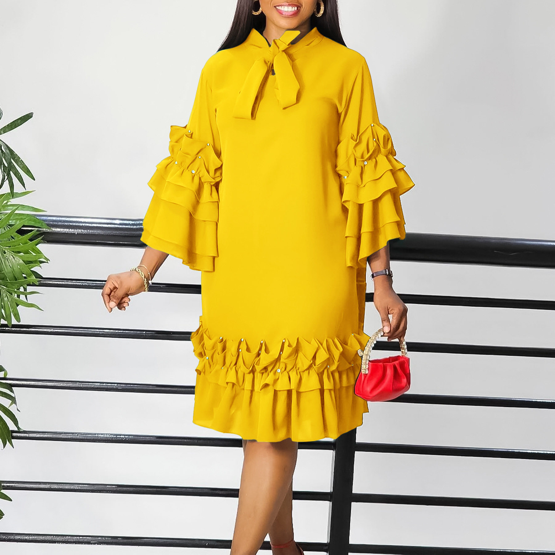 Elegant Layered Ruffle Bell Sleeve Dress Fashionable Loose Fit Tie Detail Perfect for Casual or Formal Occasions