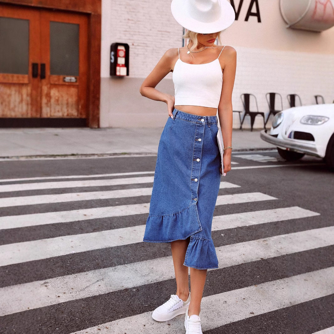 High Waisted A Line Denim Skirt Slim Fit Versatile Style Trendy Design Perfect for Casual Outings Wholesale