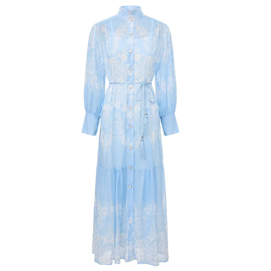 French Collar Lantern Sleeve Printed Dress for Women Summer Long Sleeve Waist Defined A Line Vacation Style