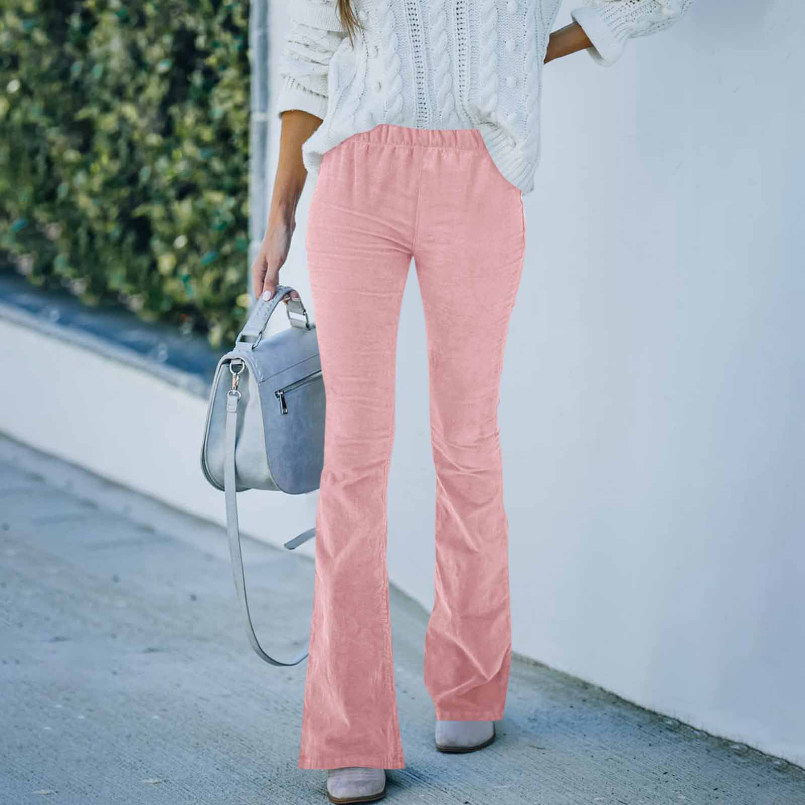 High Waisted Corduroy Slim Fit Flare Pants Solid Color Elastic Waist Casual Style Spring Summer Collection
