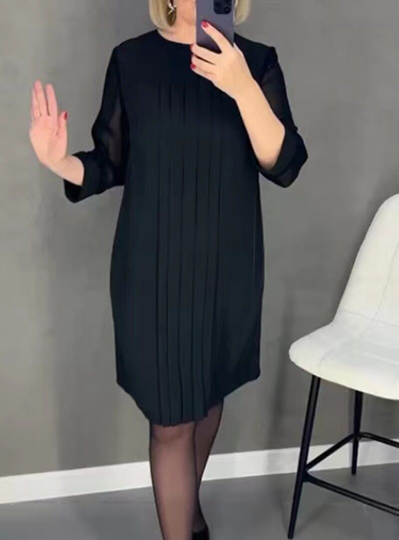 Pleated Lace Sleeve Dress Round Neck Long Sleeve Elegant Design Autumn Winter Fashion Wholesale Available