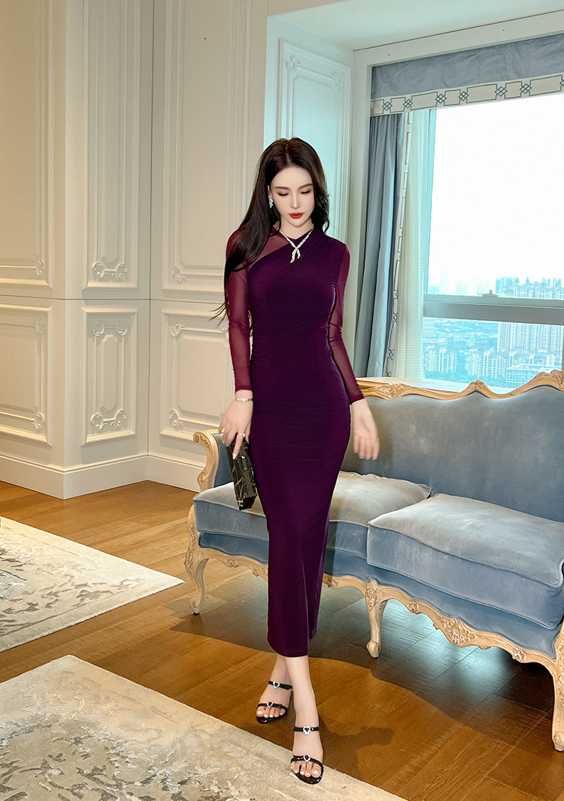 Đầm body nữ dài tay phối lưới gợi cảm dáng ôm tôn eo — Màu đen, Màu tím mâm xôi