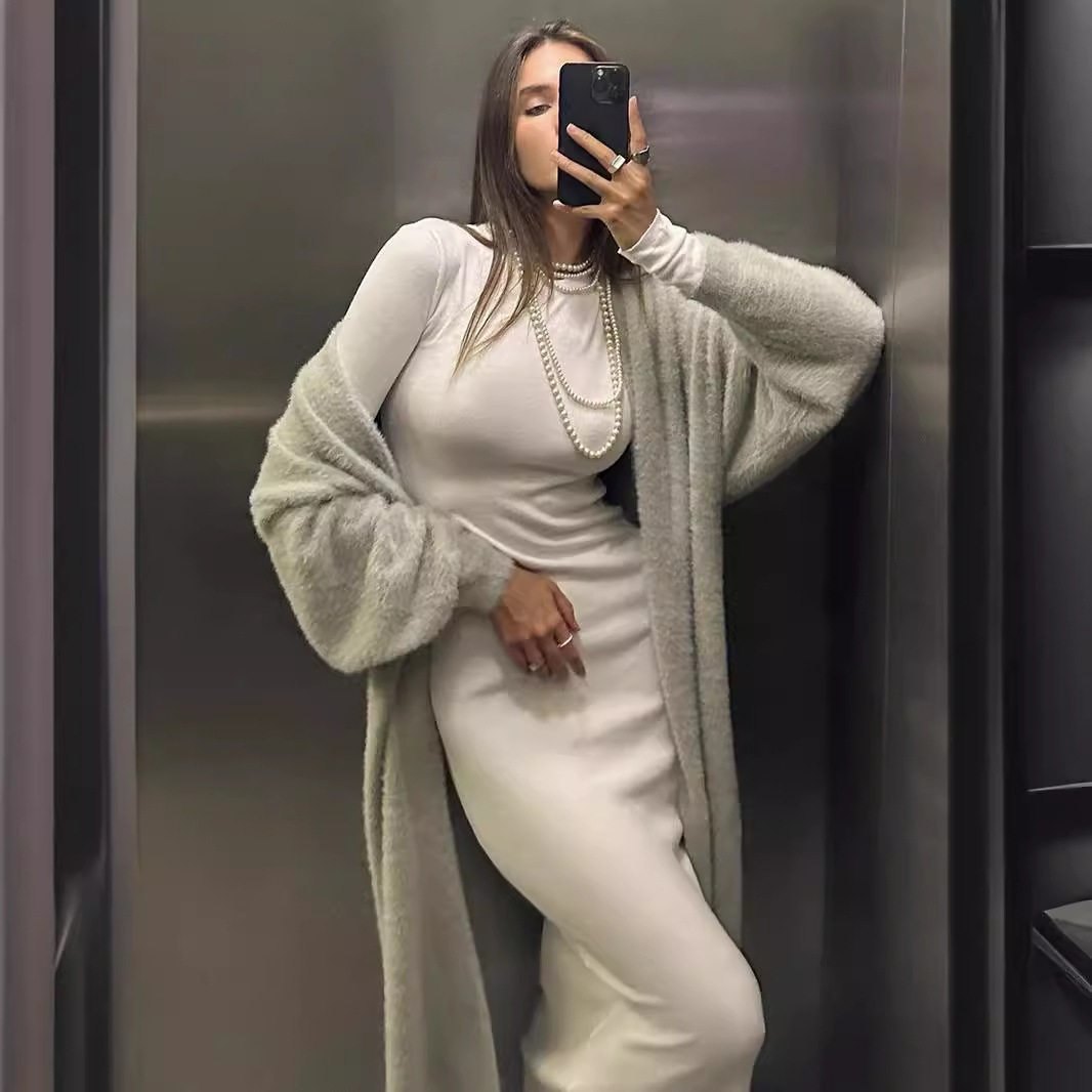 Womens Oversized Long Cardigan and Split Maxi Skirt Set Faux Mink Fabric Cozy Fall Winter Style Wholesale Available