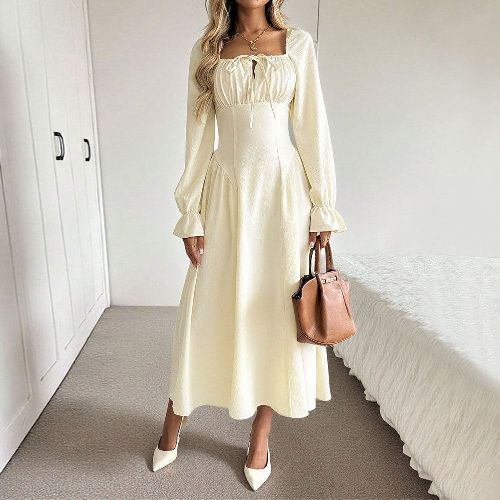 Womens A Line Long Sleeve Dress Square Neck Tie Waist Pleated Flattering Fit Elegant Casual Wear for Spring Fall