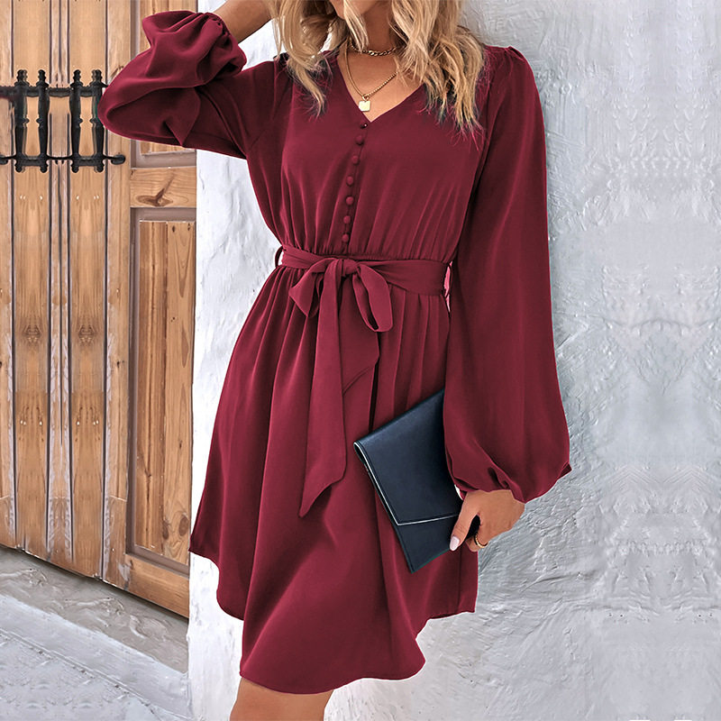 Womens Long Sleeve Solid Color Dress Elegant Design Versatile for Spring and Autumn Wholesale Availability