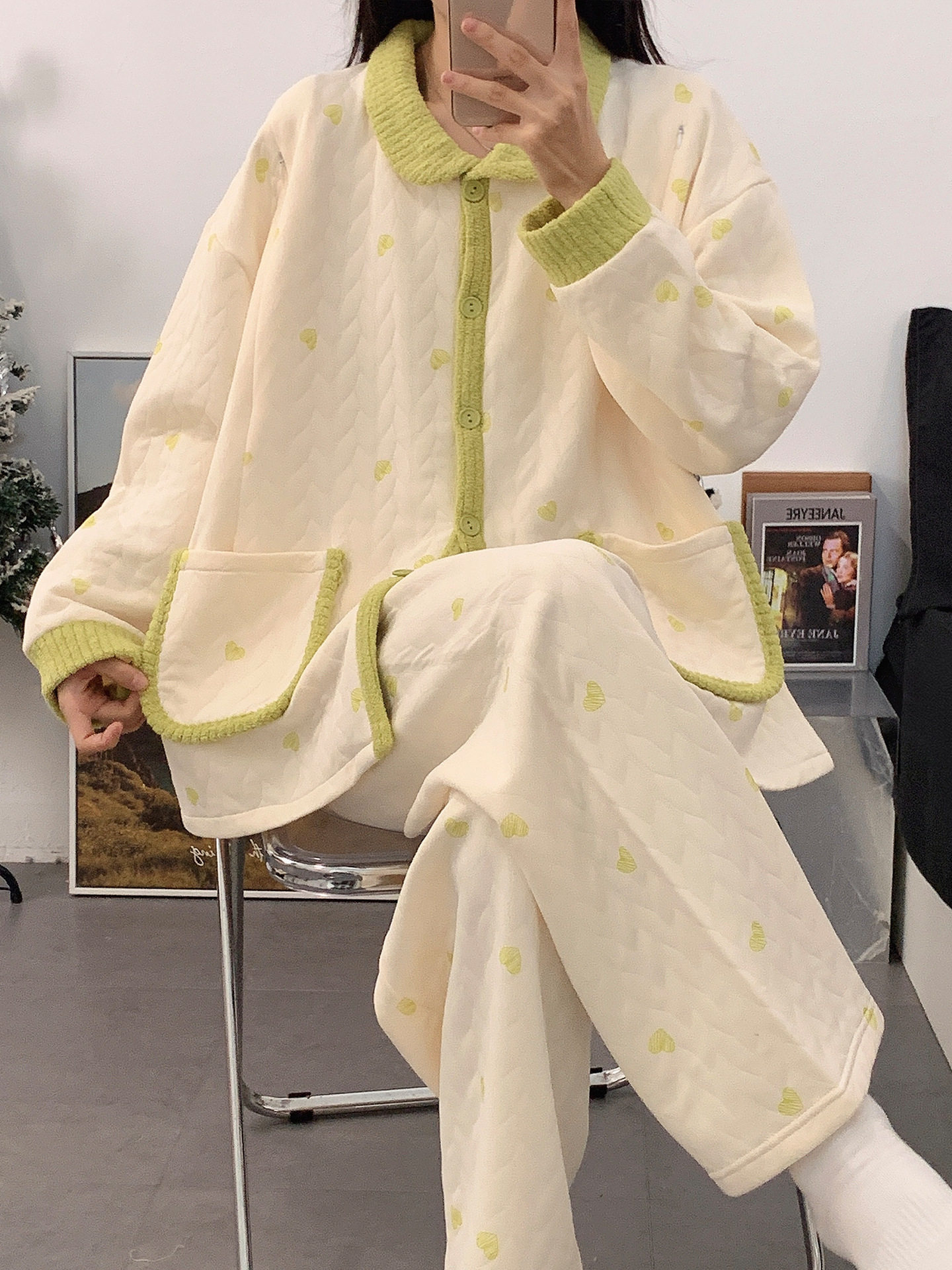 Autumn and Winter Air Cotton Maternity Pajamas, Postpartum Confinement Clothes, Warm Breastfeeding Clothes, Loose Suits, Home Clothes for Women