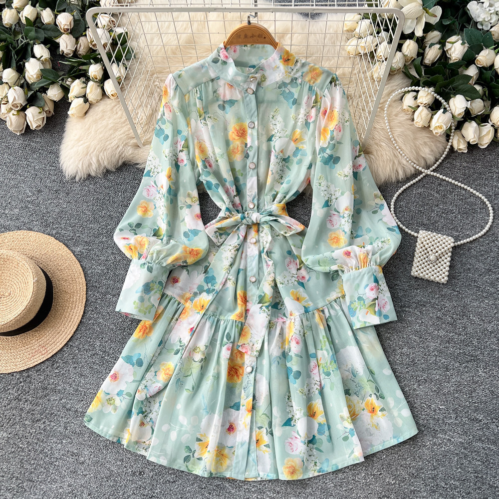 French Style Stand Collar Lantern Sleeve Floral Dress for Women Summer Slim Fit Ruffled Hem A Line Wholesale