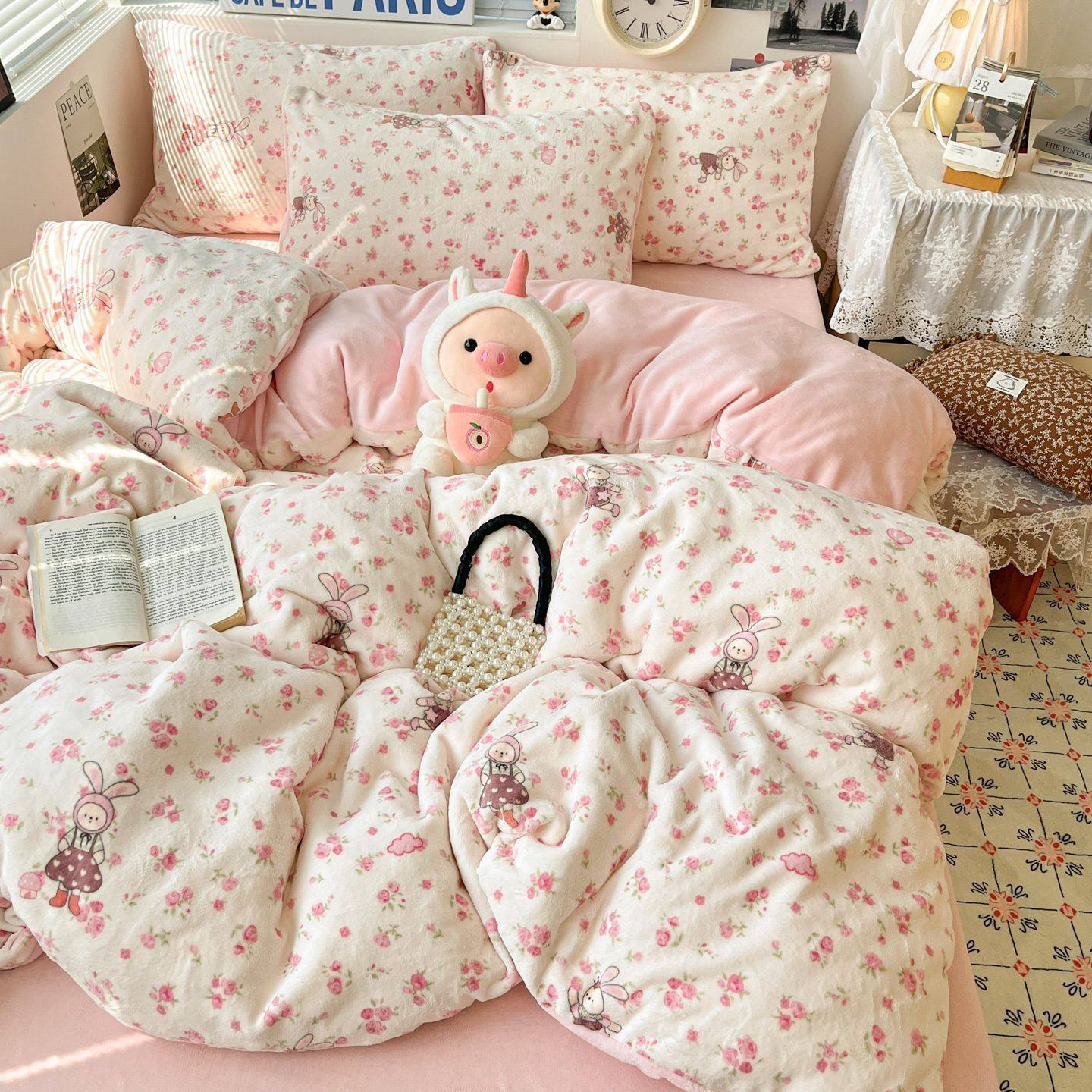 Class a Winter Thickeneded Milk Velvet Four-Piece Set Fleece-Lined Thickeneded Single Quilt Cover Cartoon Fresh Student Dormitory Three-Piece Set 4