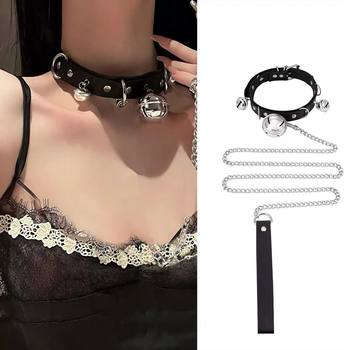 Bell Collar Women's Neck Chain Traction Rope Black and White PU Leather Neck Chain Choker Clavicle Chain Men's Necklace Trendy Short Style