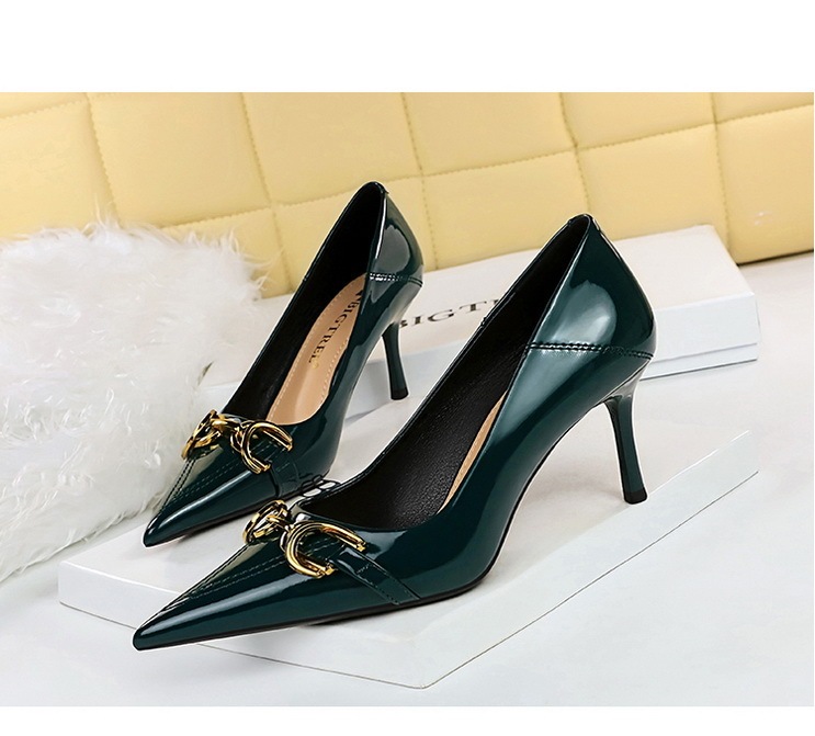 Giày cao gót nữ mũi nhọn da bóng gót nhọn trang trí khóa kim loại dự tiệc — 6122-7 đen 10.5CM, 6122-7 màu Đỏ 10.5CM, 6122-7 màu nude 10.5CM, 6122-7 màu xanh lá cây 10.5CM