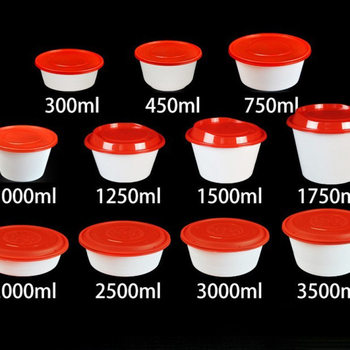 Round Disposable Lunch Box Milky White Plastic Bowl Takeaway Packaging Box 1250 Soup Bowl Lunch Box Red Lid Household Lunch Box