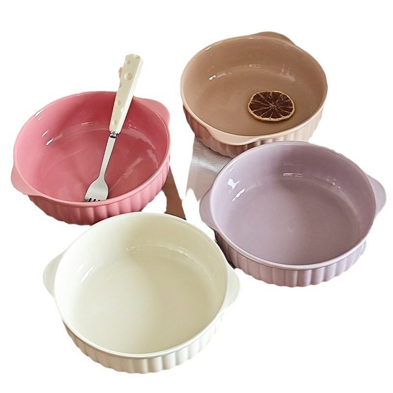 Cream Ins Style Ceramic Double Ear Bowl Air Fryer Baking Bowl Microwave Oven Special Bowl Salad Bowl Steamed Egg Bowl
