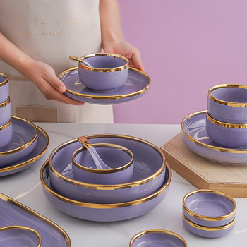 Creative and Unique Internet-Famous Ceramic Plate and Bowl Set for Home Use, Gold-Rimmed Plates, Cooking Plates, New Western-Style Flat Plates