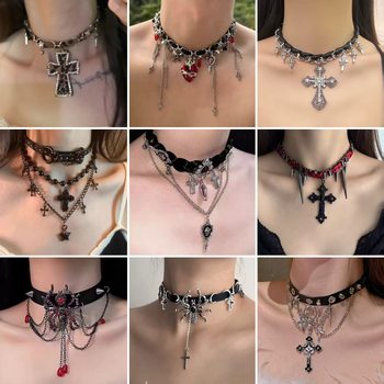 Dark Y2K Sexy Heavy Industry Choker Leather Collar Female Niche Cross Tassel Stylish Sexy Punk Necklace