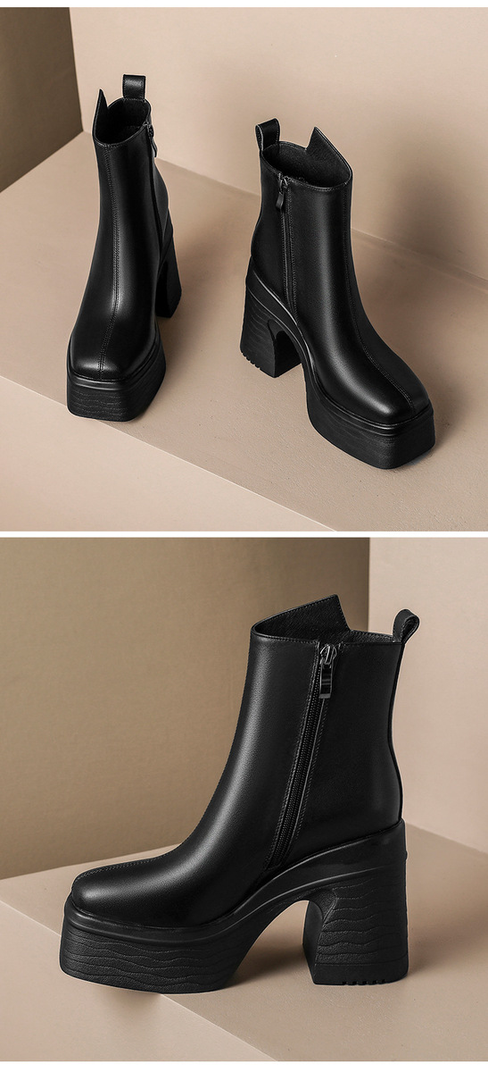 Boot Martin nữ cổ ngắn da bò thật, gót vuông đế dày tăng chiều cao, mũi vuông — Lớp lót đơn màu be, Lớp lót nhung màu be, Màu đen một lớp, nhung đen