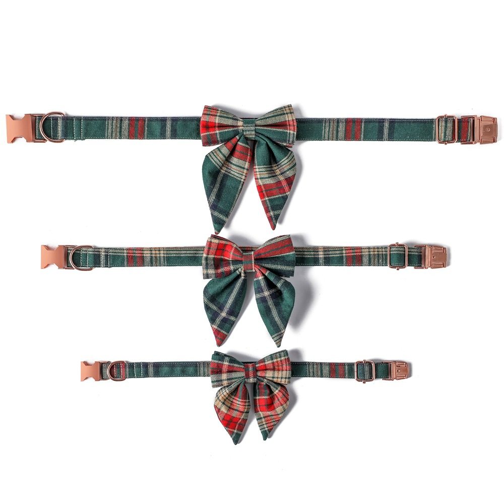 Manufacturer Wholesale Cross-Border Hot Selling Pet Collar British Style Christmas Plaid Rose Gold Buckle Collar Bow