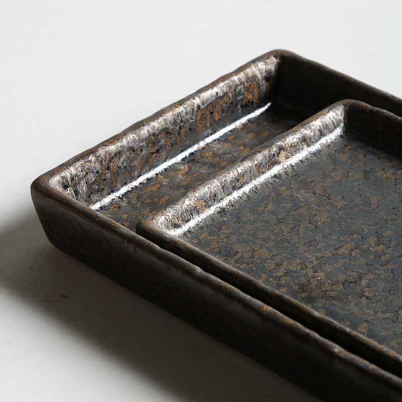 Jiutian Burned Ceramic Long Plate Japanese Style Sushi Naked Fish Plate Vintage Hammered Tray Featured Hotel Tableware
