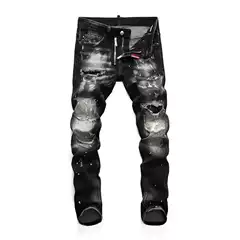 Spring and Autumn Ripped Hong Kong Style Washed Trendy Men's Skinny Jeans Nightclub Patch Quality D2 Denim Pants Men's Pants