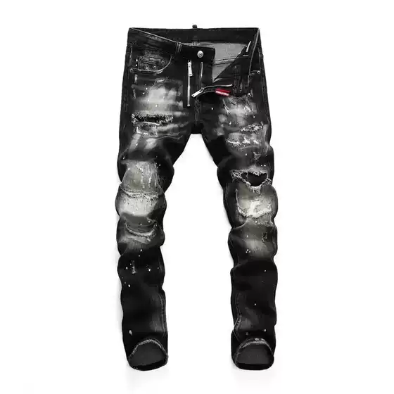 Spring and Autumn Ripped Hong Kong Style Washed Trendy Men's Skinny Jeans Nightclub Patch Quality D2 Denim Pants Men's Pants