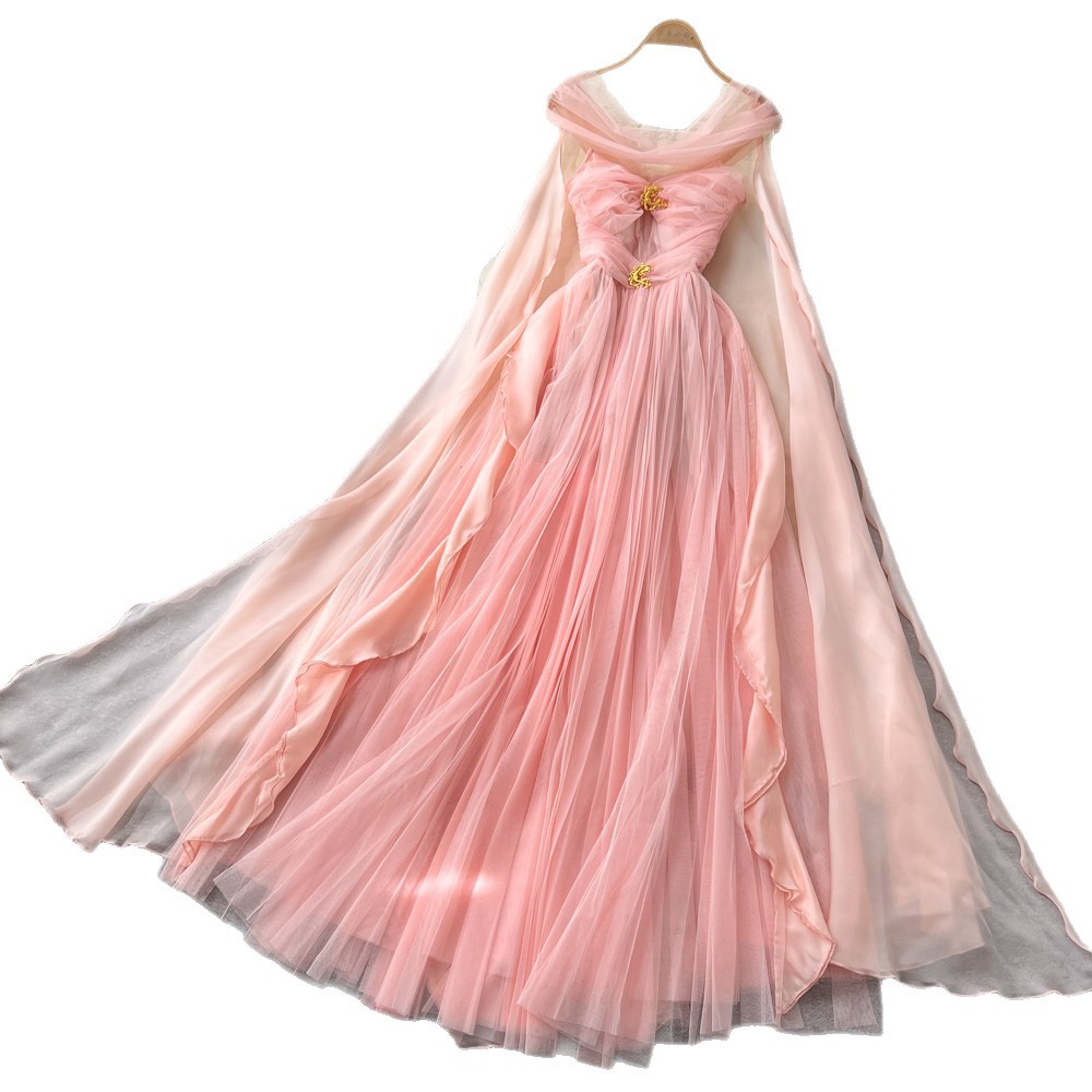 French Style Halter Neck Dress Romantic Mesh Sweet Ribbons Slim Fit Summer Vacation Long Dress Wholesale Available
